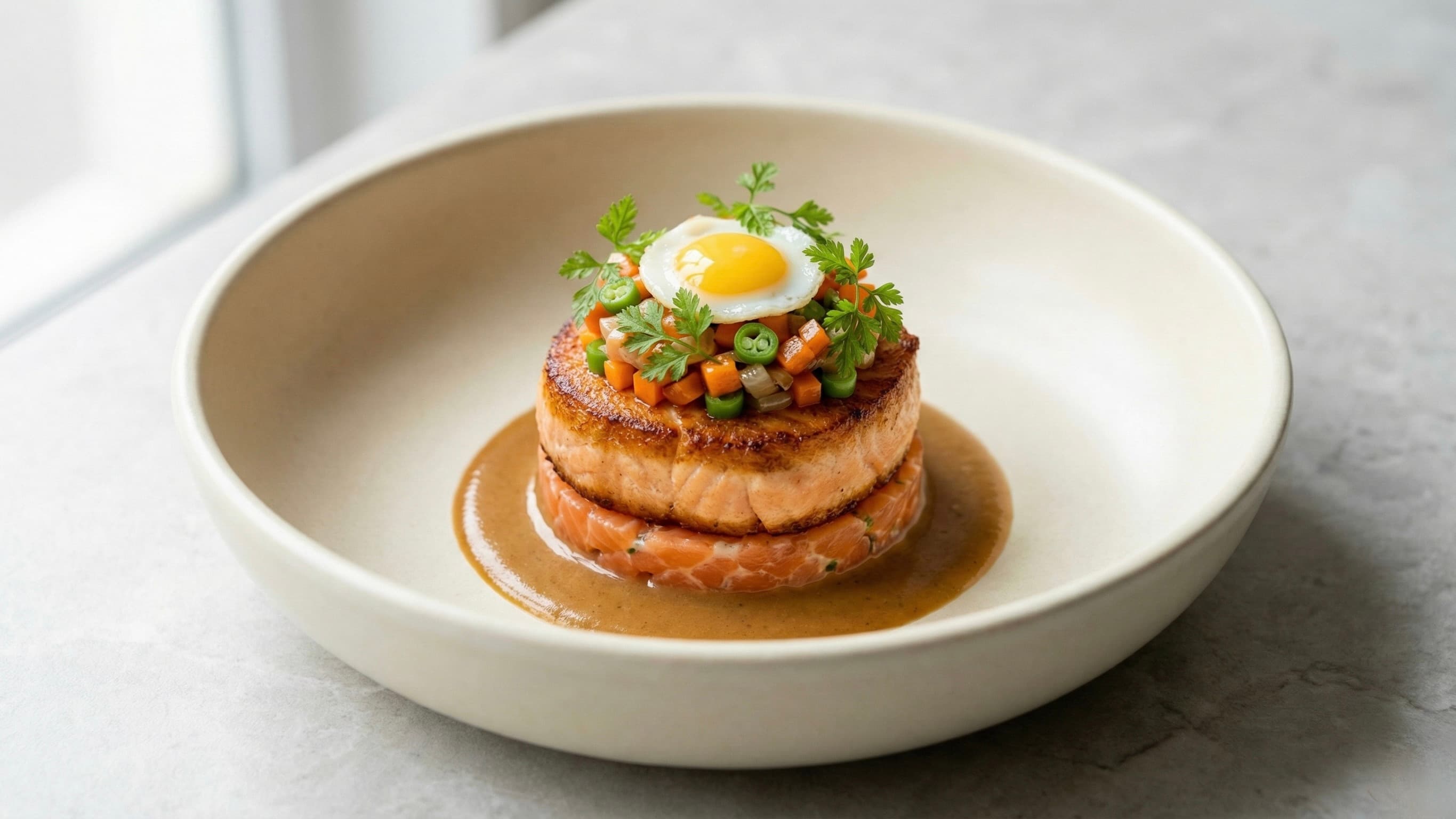 Medaglione di Salmone Confit all'Aglio e Tartare con Coulis alla Puttanesca
