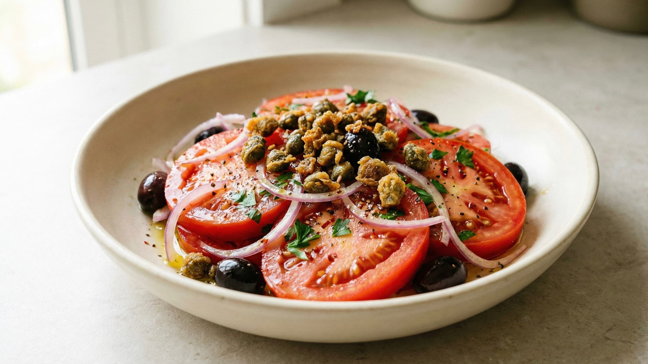 Insalata di Pomodori alla Puttanesca con Capperi Fritti