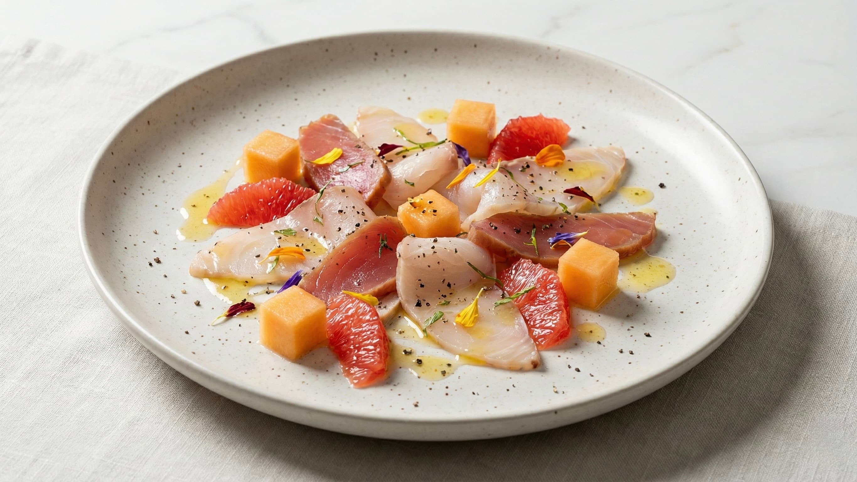 Carpaccio di Pesce Spada e Tonno Affumicato con Melone e Pompelmo
