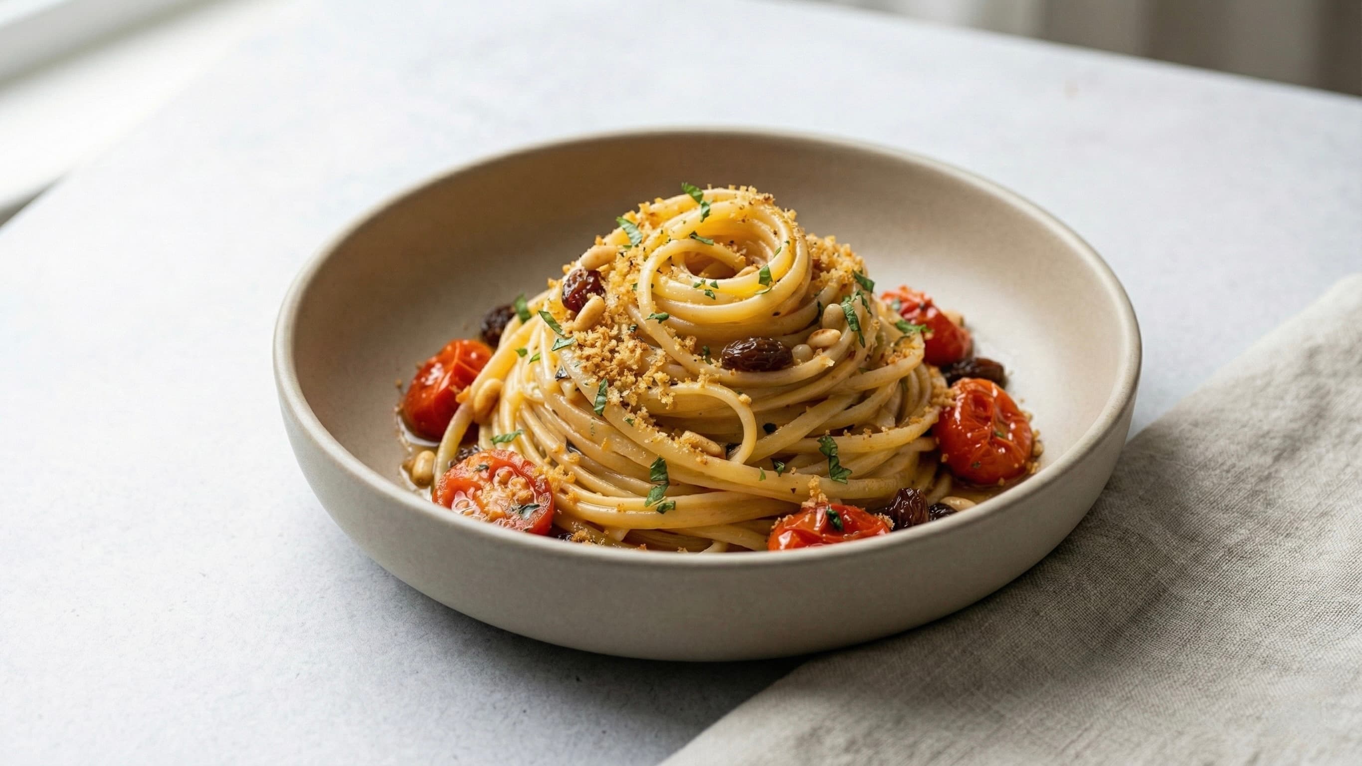 Linguine con Pomodorini, Pinoli Uvetta e Menta