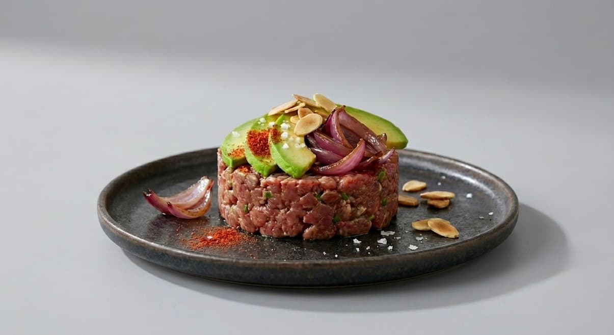 Tartare di Scottona con Avocado, Cipolla Caramellata e Mandorle
