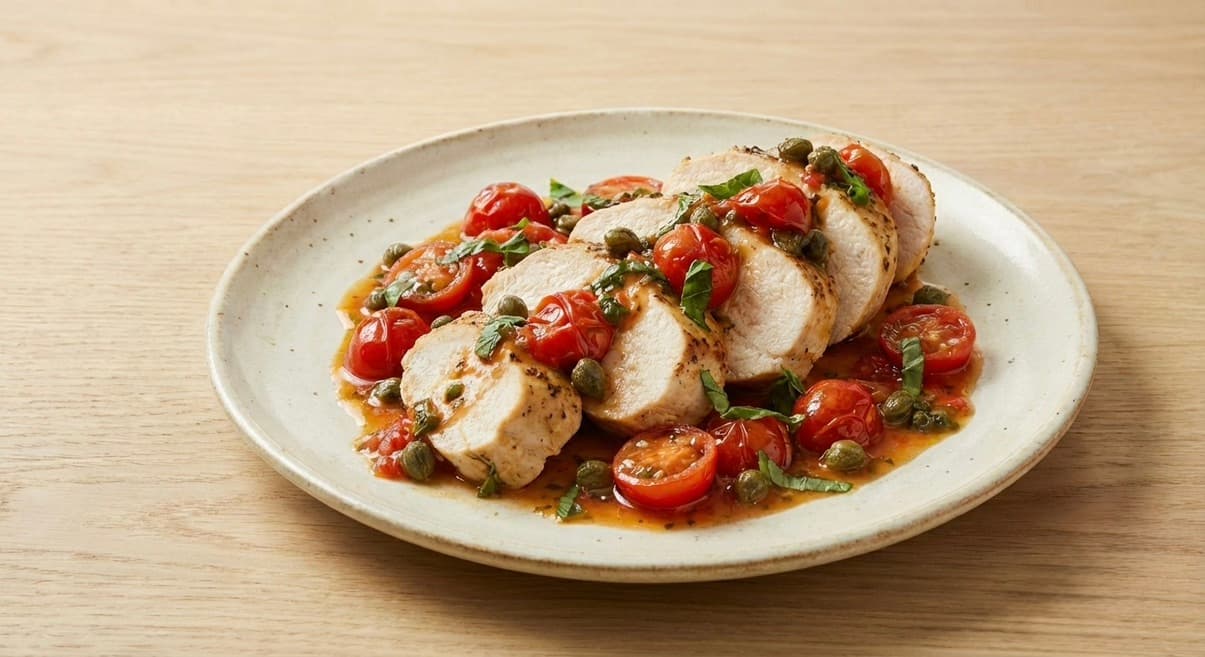 Tagliata di Pollo alla Pizzaiola con Capperi, Origano e Basilico 