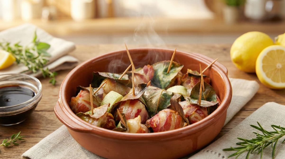 Fagottini di Porro e Pancetta con Alloro